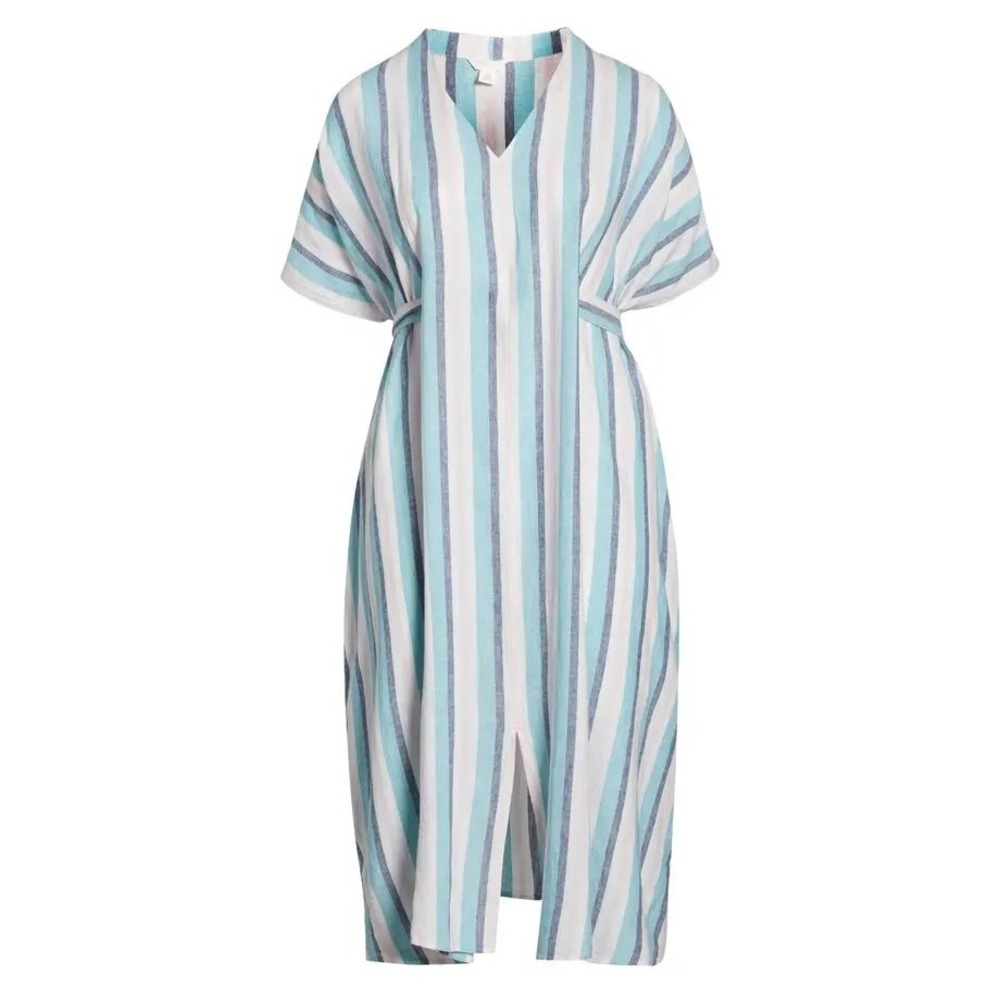 Caslon XL Teal Shore Napa Striped Linen Blend V-Neck Tie Waist Womens Midi Dress